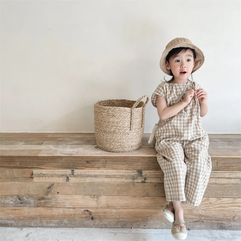 Dziewczynek kombinezony w krat – Baby Summer Linen Sleeveless Jumpsuit recenzja i cena
